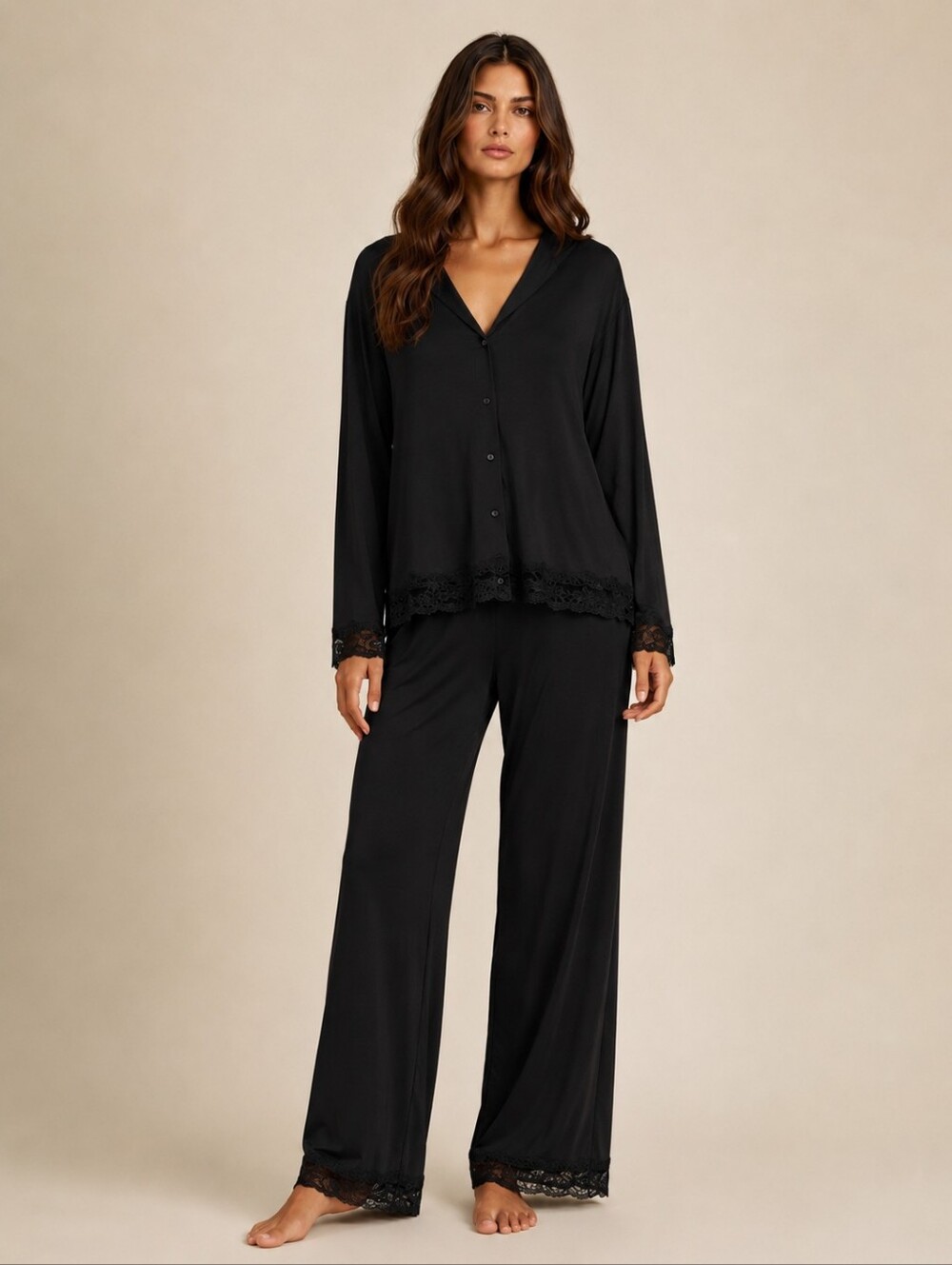 La Perla Black Lace Trim Long Sleeve Button Front Pajama Top New Size M